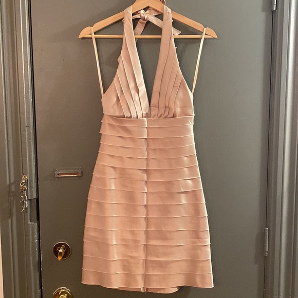 BCBGMaxAzria Champagne Satin Bandage Cocktail Dress with Halter Neck - Picture 2 of 6